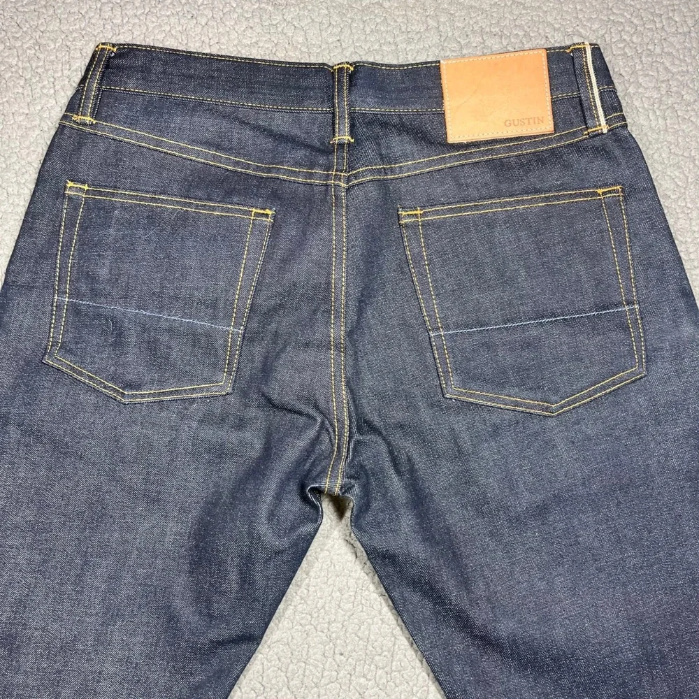 Gustin Mens Raw Selvedge Denim Jeans Indigo Blue Button Fly Straight Leg Size 30